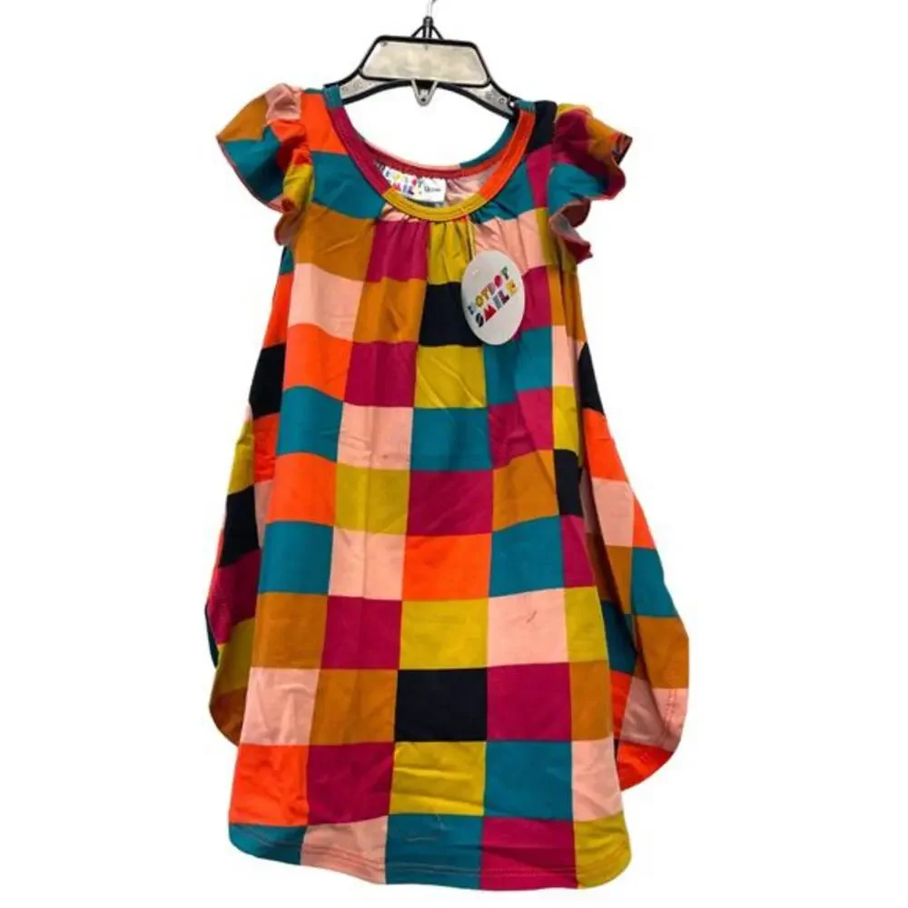 Dot Dot Smile NWT Girls' 12-24m Multicolor Square Pattern Cap Sleeve Swing Dress